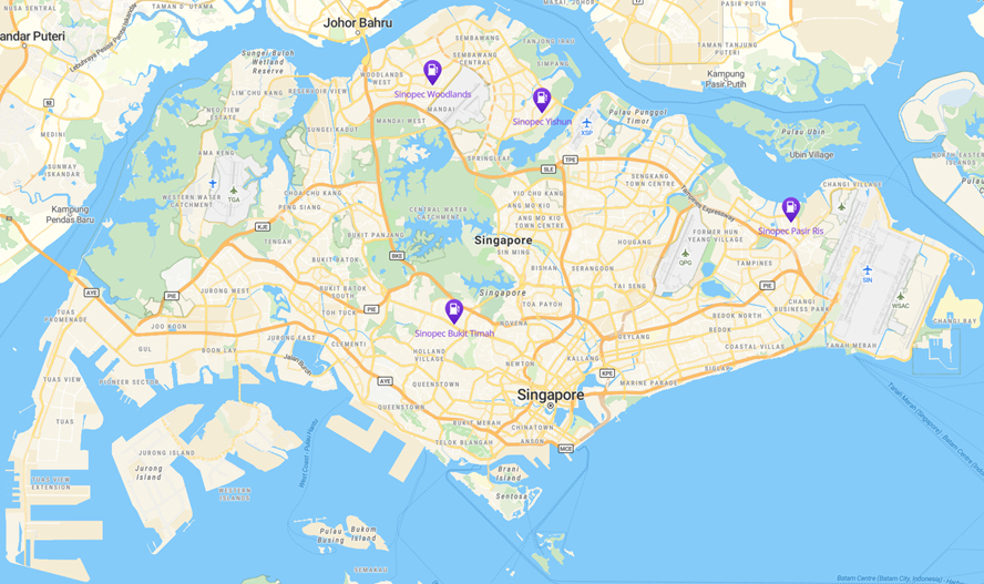 Map showing selected Sinopec stations in Singapore