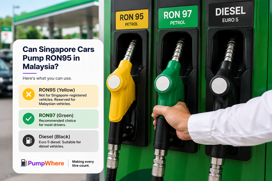 Fuel pump nozzles showing petrol grade choices at a Malaysian petrol station for Singapore drivers.